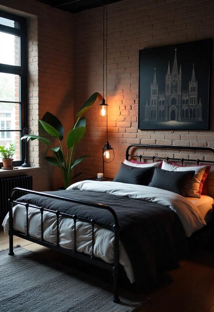 Industrial bedroom with urban decor and dramatic gothic touches.