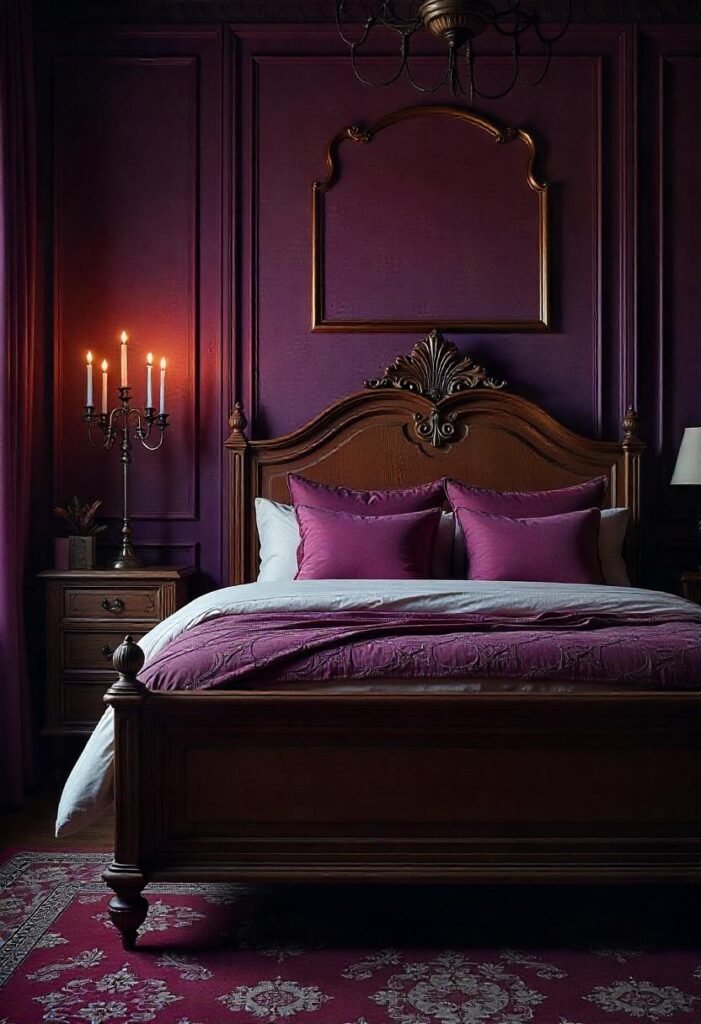 Victorian-style gothic bedroom featuring luxurious decor and ornate details.