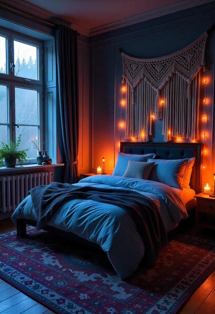 Gothic-boho bedroom featuring eclectic decor and moody lighting for a whimsical vibe.