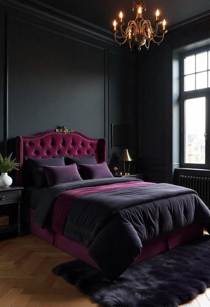 Glam gothic bedroom featuring luxurious fabrics, metallic details, and bold design.
