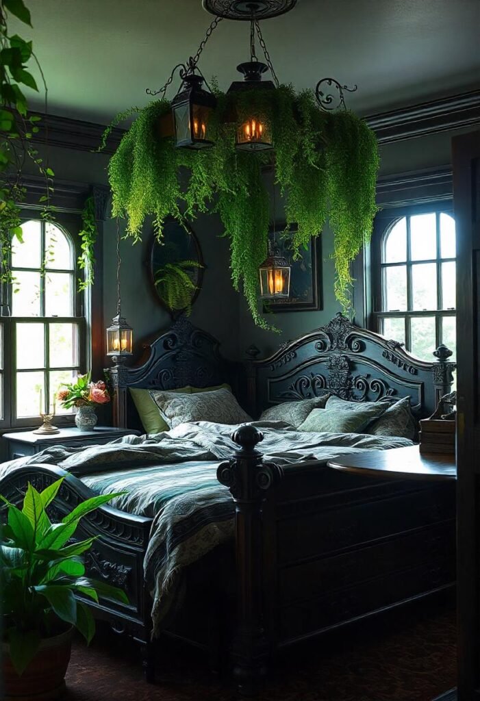 Nature-inspired bedroom with earthy elements and woodland charm.