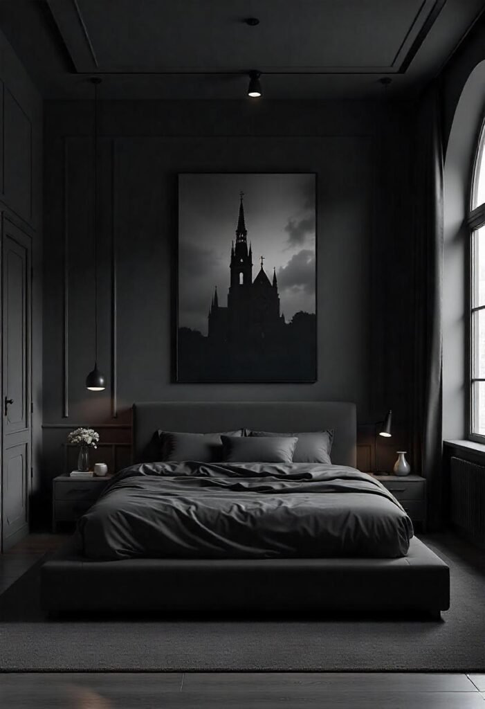 Sleek minimalist bedroom with monochromatic colors and understated elegance.
