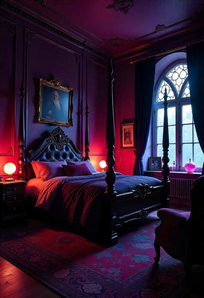 Fantasy gothic bedroom with castle-inspired elements and magical lighting.