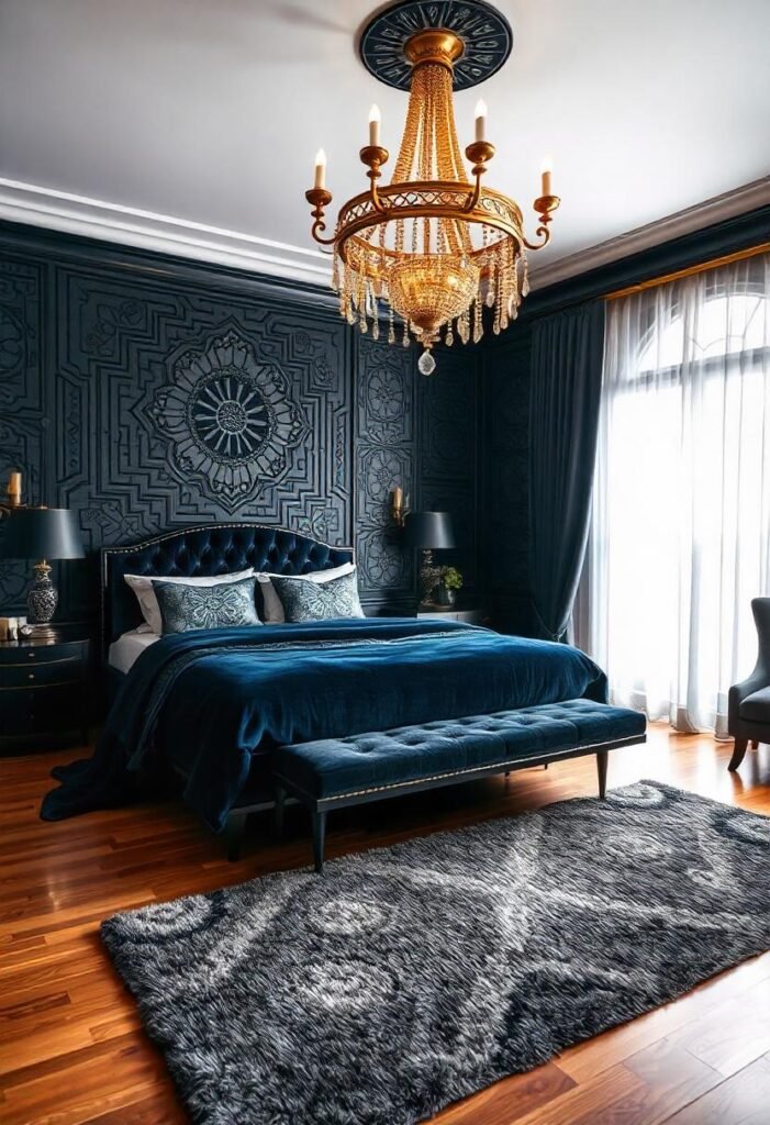 Gothic art deco bedroom blending moody tones and luxurious geometric details.
