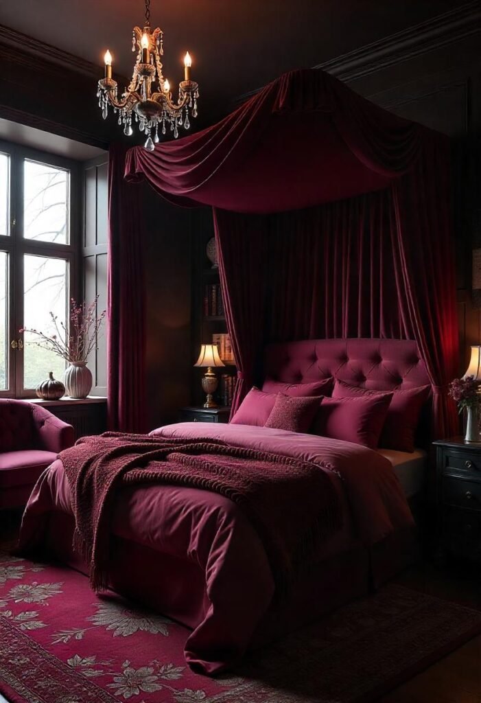 Cozy bedroom blending dark tones with inviting hygge-inspired elements. 