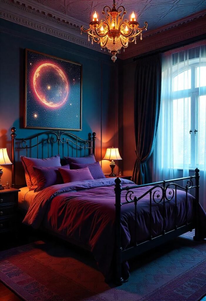 Mystic bedroom featuring celestial decor and gothic elegance.