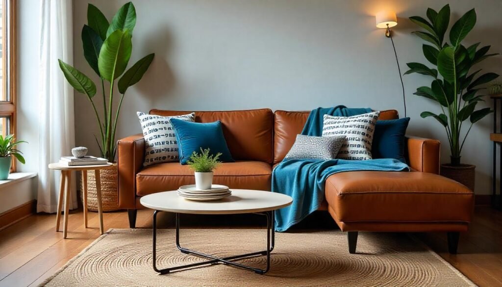 Living room with layered textures, including velvet cushions, a leather sofa, and a woven rug, creating a cozy and inviting atmosphere.