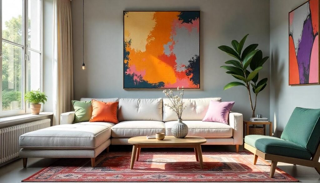 Modern living room with neutral walls, colorful accents, and vibrant artwork, showcasing a balanced and energetic color palette.