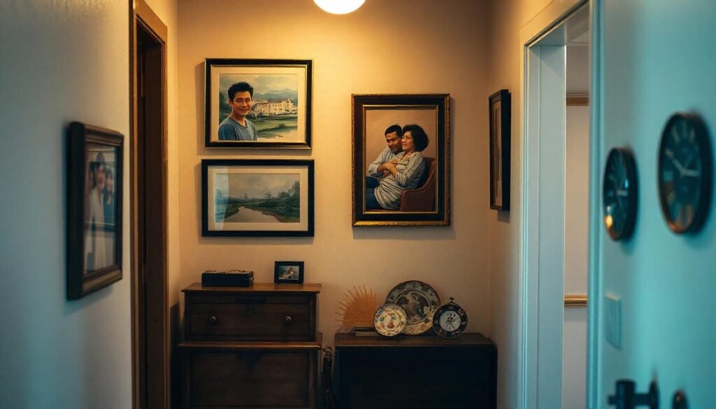Cozy hallway with a gallery wall featuring family photos and artwork, adding a personal touch to the decor.