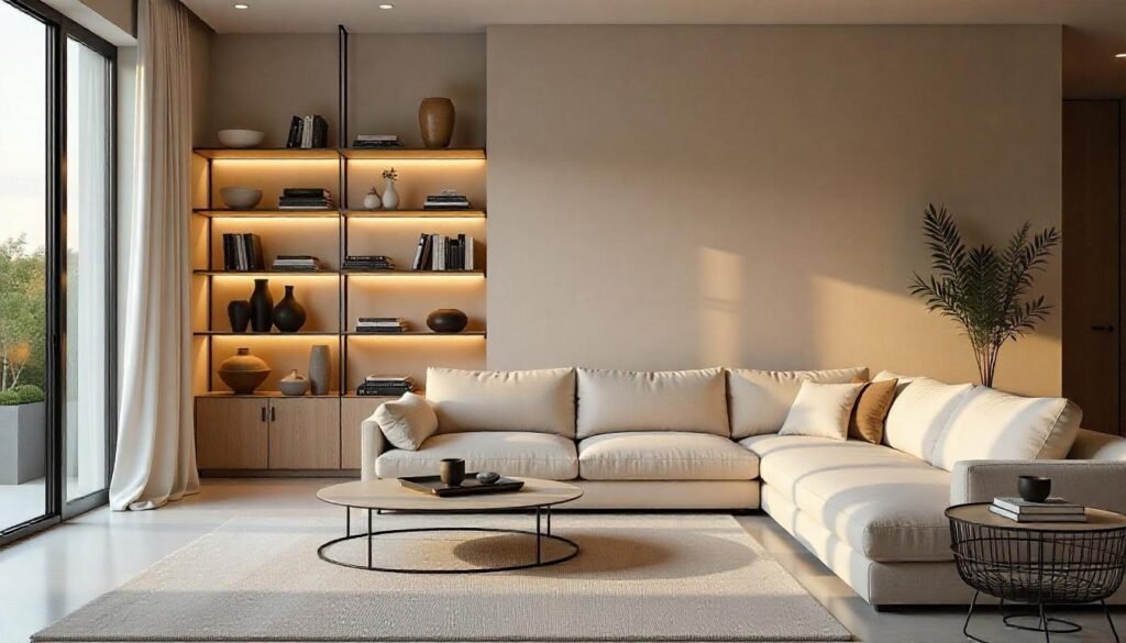 Organized living room with open shelves and stylish storage baskets, creating a tidy and visually appealing space.