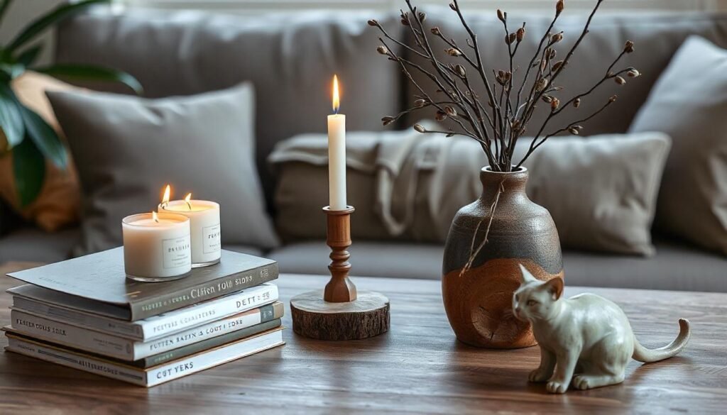 Stylish coffee table with decorative items such as books, candles, and a vase, adding personality to the room.
