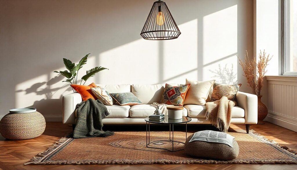 Eclectic living room with a mix of modern minimalist furniture and Boho decor, creating a unique and stylish space.