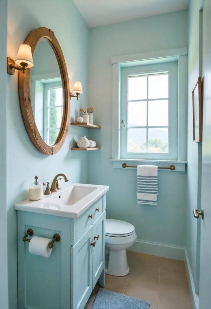Coastal-themed bathroom with light tones and nautical decor.