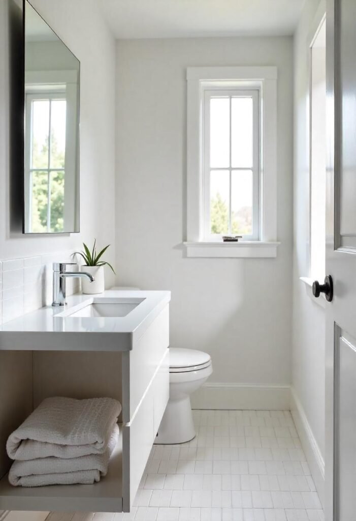 All-white bathroom with clean design and subtle greenery.
