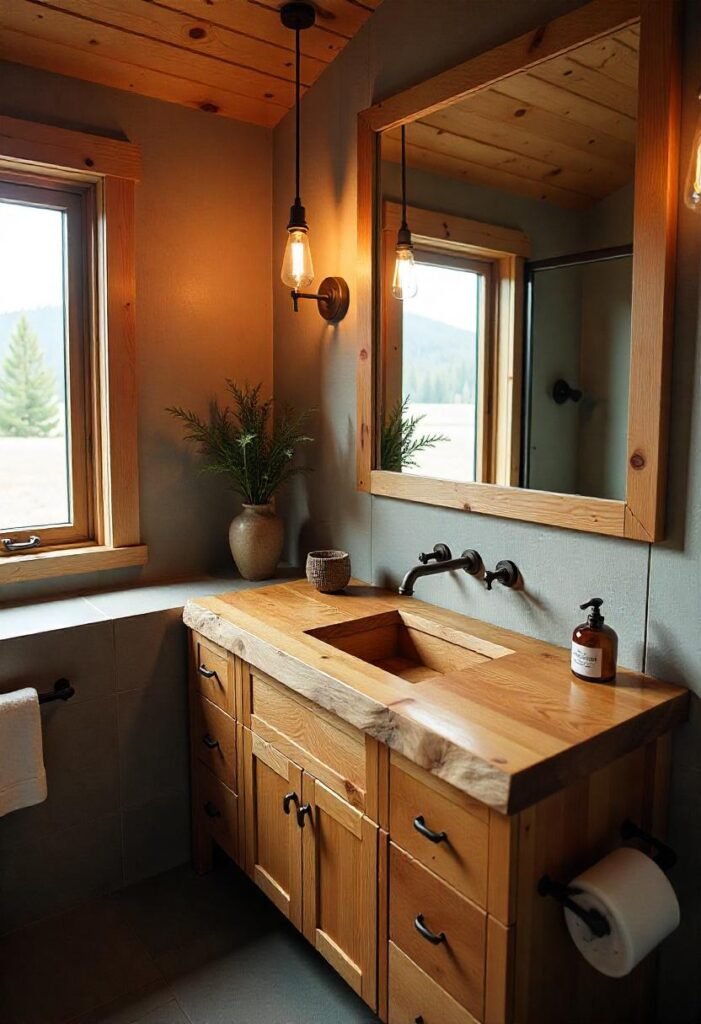 Modern rustic little cabin bathroom with sleek fixtures and natural materials.