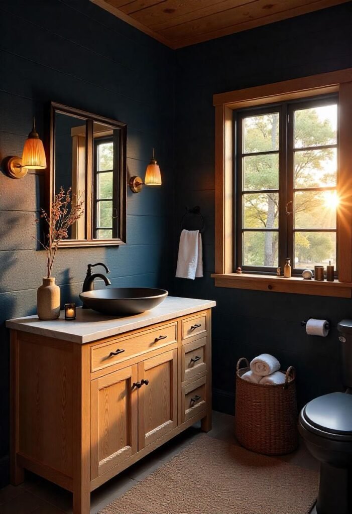 Dark and moody little cabin bathroom with bold colors and cozy decor.