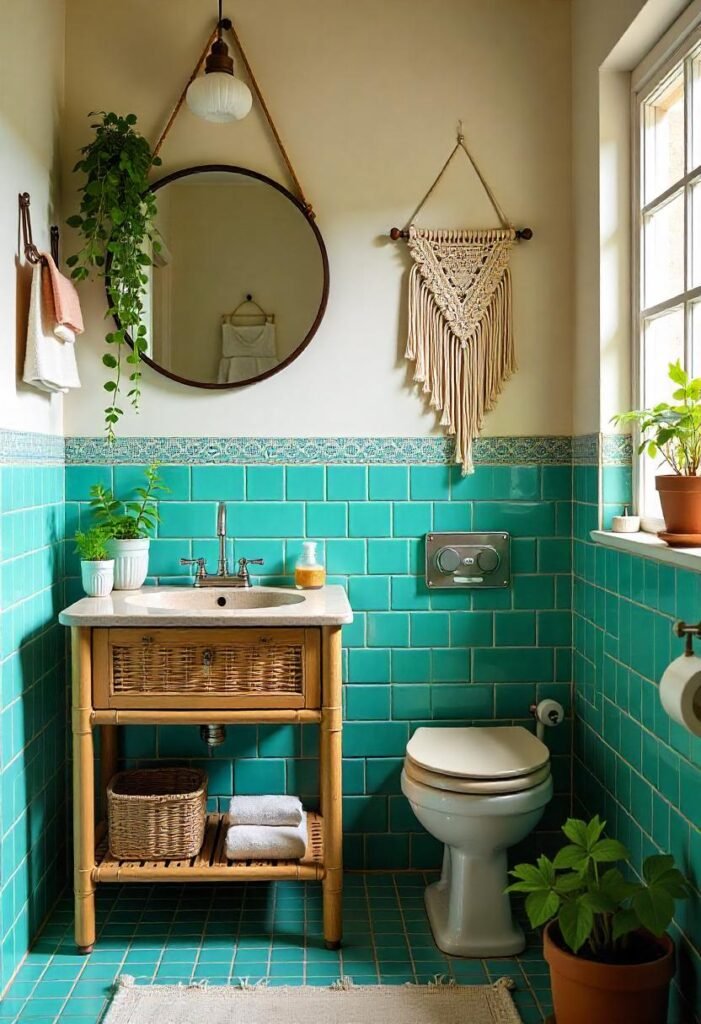 Bohemian-themed bathroom with eclectic patterns and natural accents.