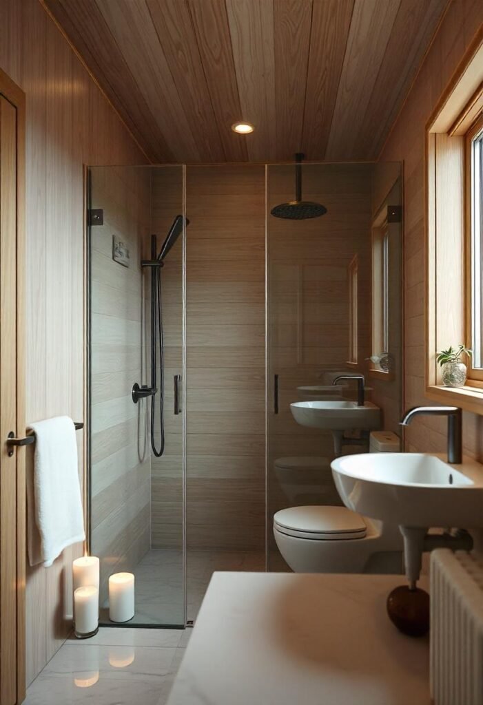 Scandinavian-style little cabin bathroom with minimalist decor and warm wood tones.