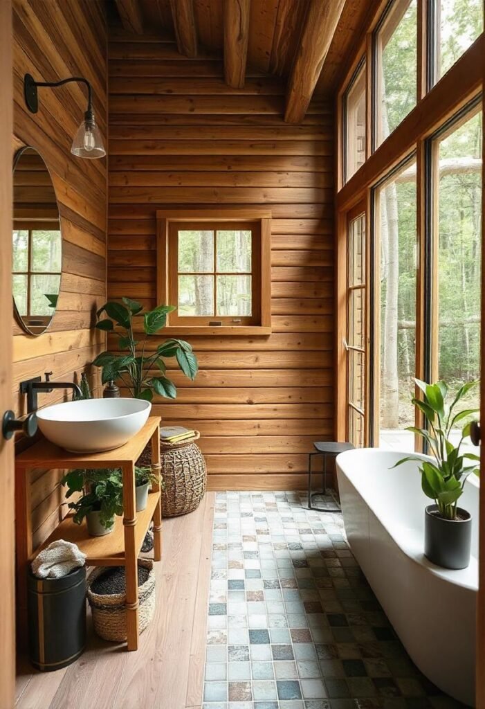 Eco-friendly little cabin bathroom with sustainable materials and greenery.