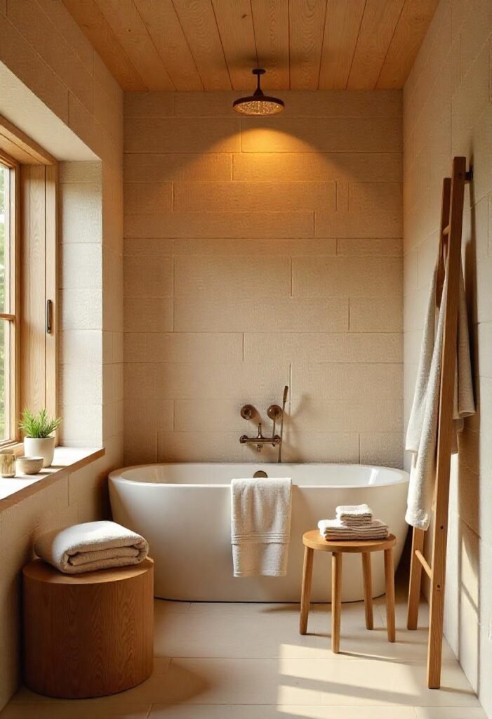 Spa-inspired little cabin bathroom with luxurious fixtures and serene decor.