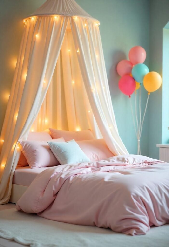 A fairy-tale inspired bedroom with soft pastels, canopy drapes, and whimsical lighting for a magical touch.