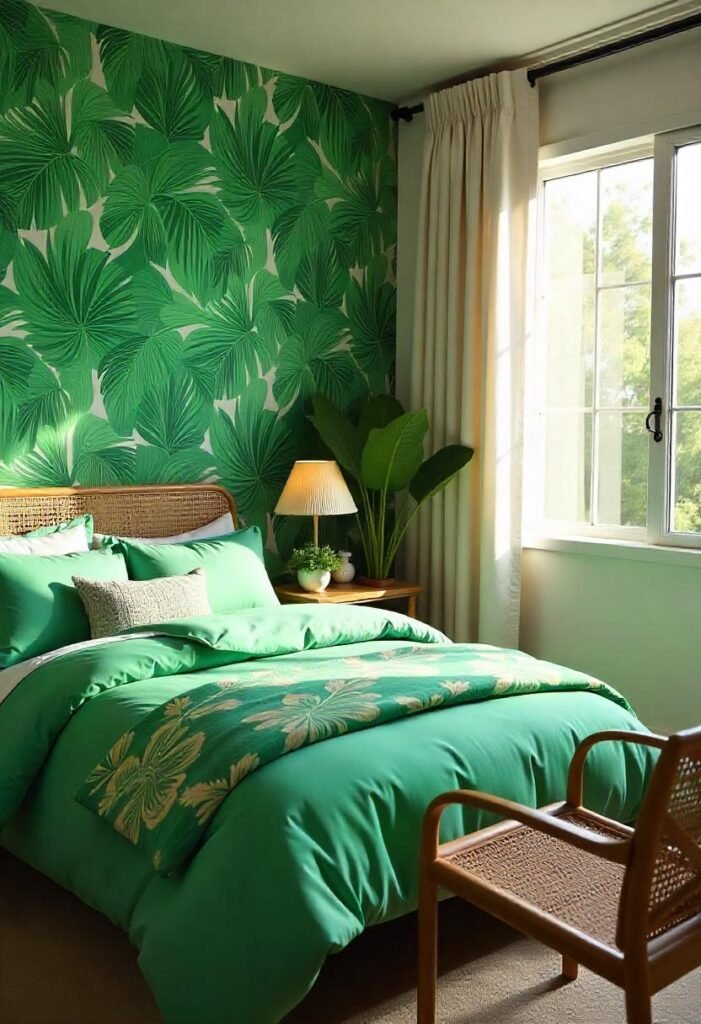 A tropical-inspired bedroom featuring lush greenery, bold prints, and natural materials for an island vibe.