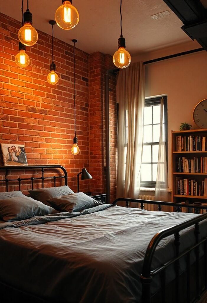 A modern industrial bedroom with raw textures, urban décor, and sleek, functional furniture.