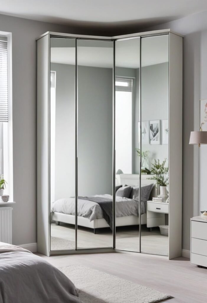 Corner wardrobe with mirrored sliding doors in a compact bedroom.