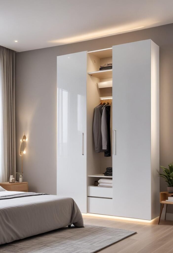 Floating wardrobe with LED lighting and a matte white finish in a sleek modern bedroom.