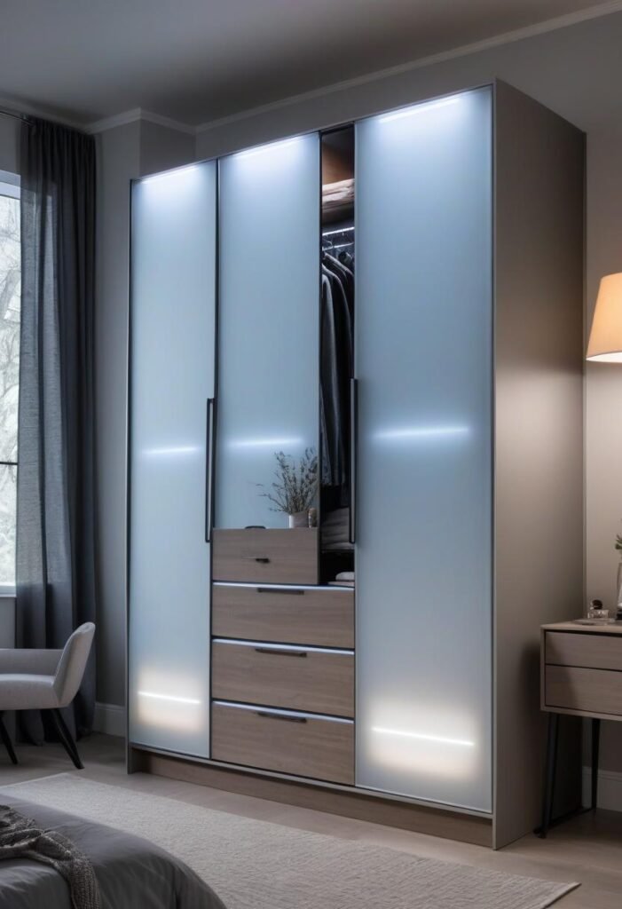 Glass-front wardrobe with LED lighting and frosted panels in a modern bedroom.