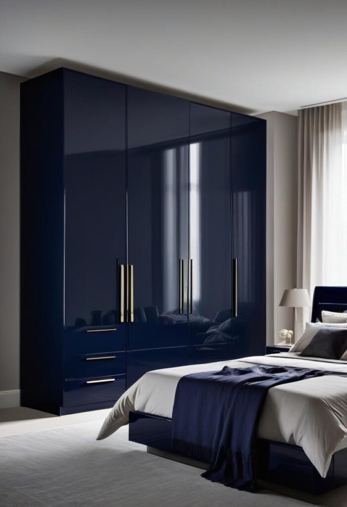 High-gloss lacquered wardrobe in navy blue in a modern bedroom.