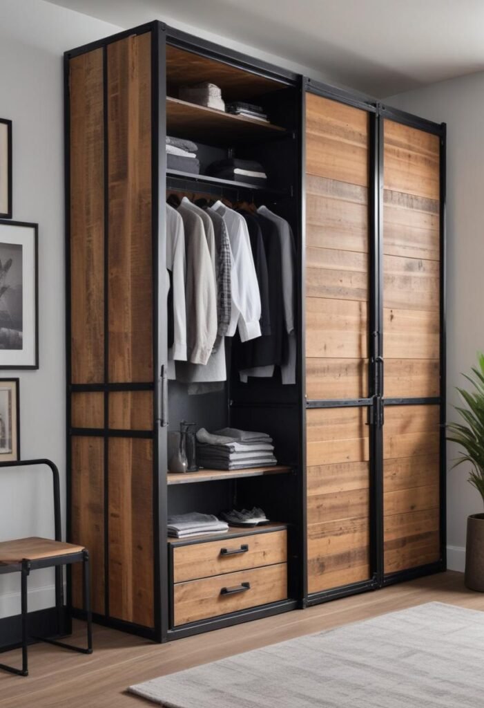 Industrial-style wardrobe with steel frames and reclaimed wood panels.