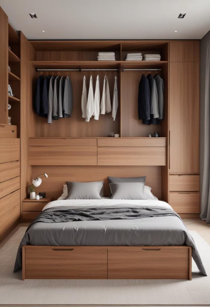 Integrated wardrobe with a wooden bedframe.