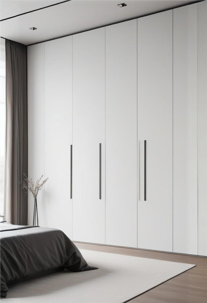 Minimalist modern wardrobe with matte white finish in a modern bedroom.