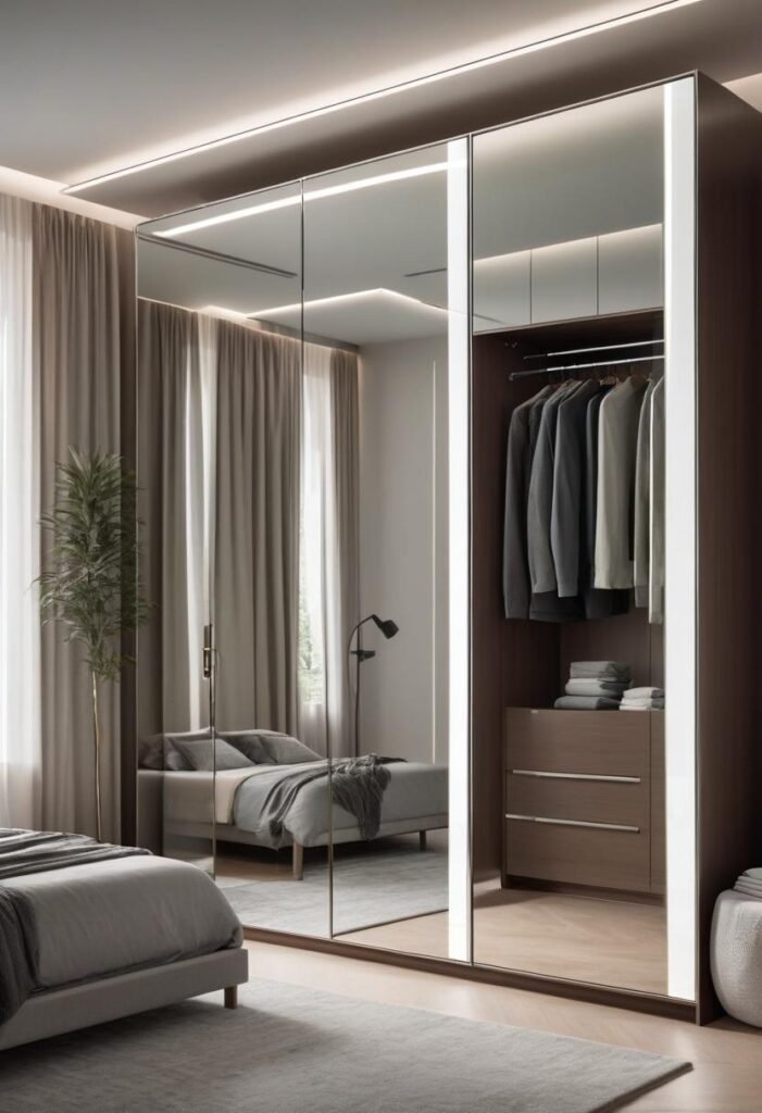 Mirror-finish wardrobe reflecting light in a modern bedroom.