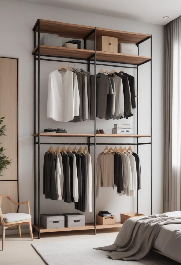 Open-concept wardrobe with wood and metal finishes in a modern bedroom.