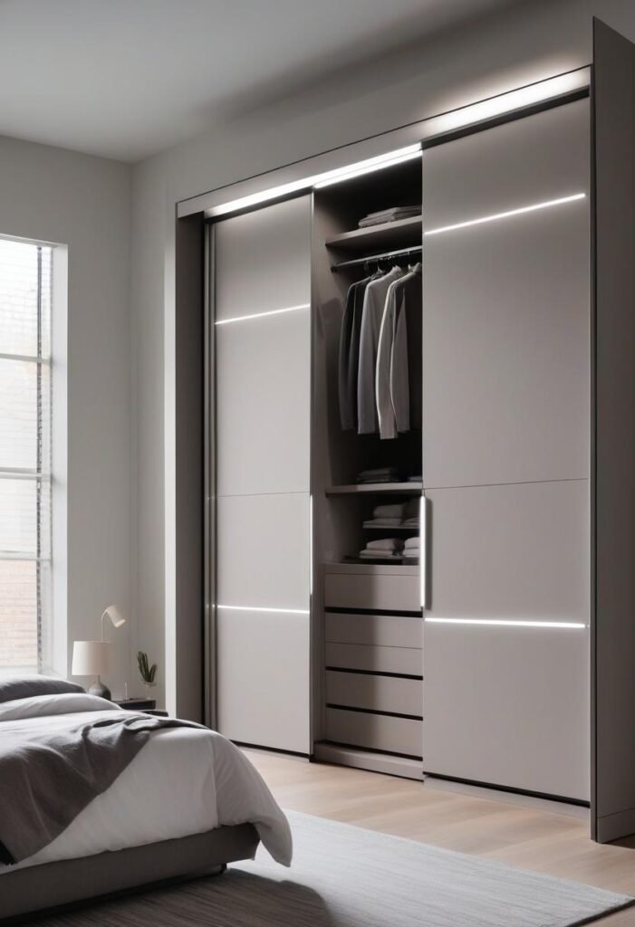 Smart wardrobe with tech-integrated features in a contemporary bedroom.