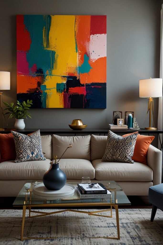DIY canvas art hanging in a living room with a modern and colorful design.