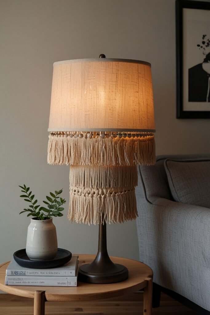 DIY fringe lamp shade in a living room with fabric accents, adding texture and style.