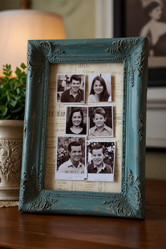 Upcycled picture frame displaying photographs, adding a vintage charm to a living room.