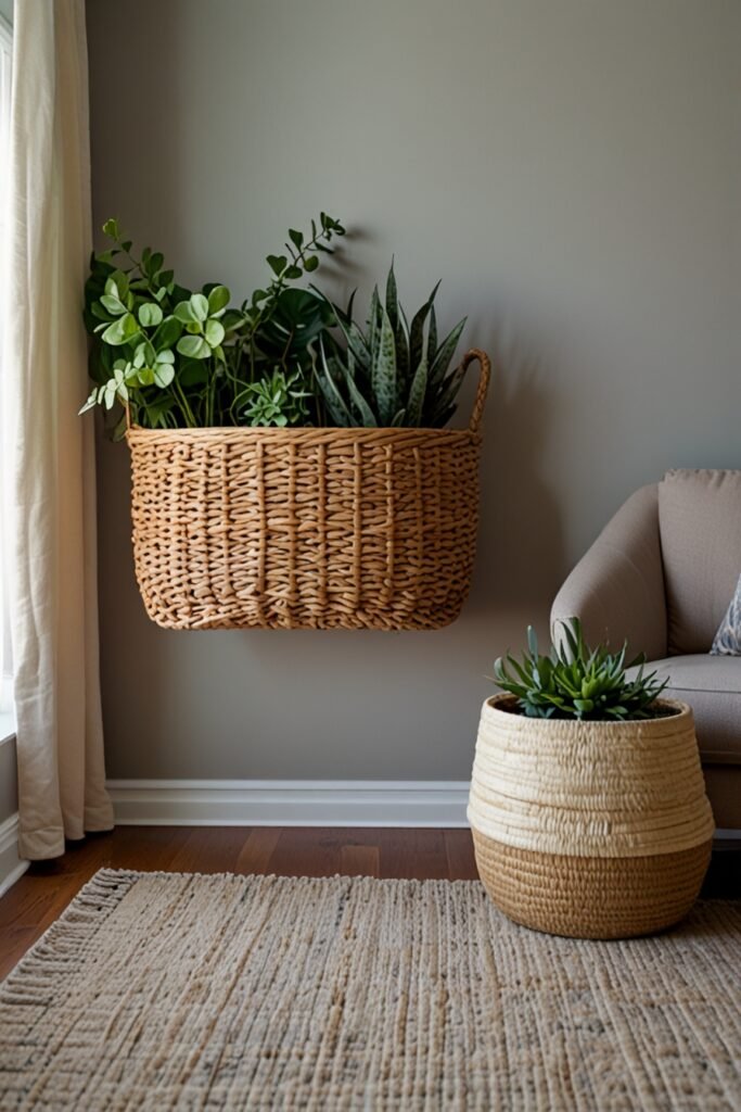 Woven wall basket arrangement on a living room wall, creating a rustic and functional design.