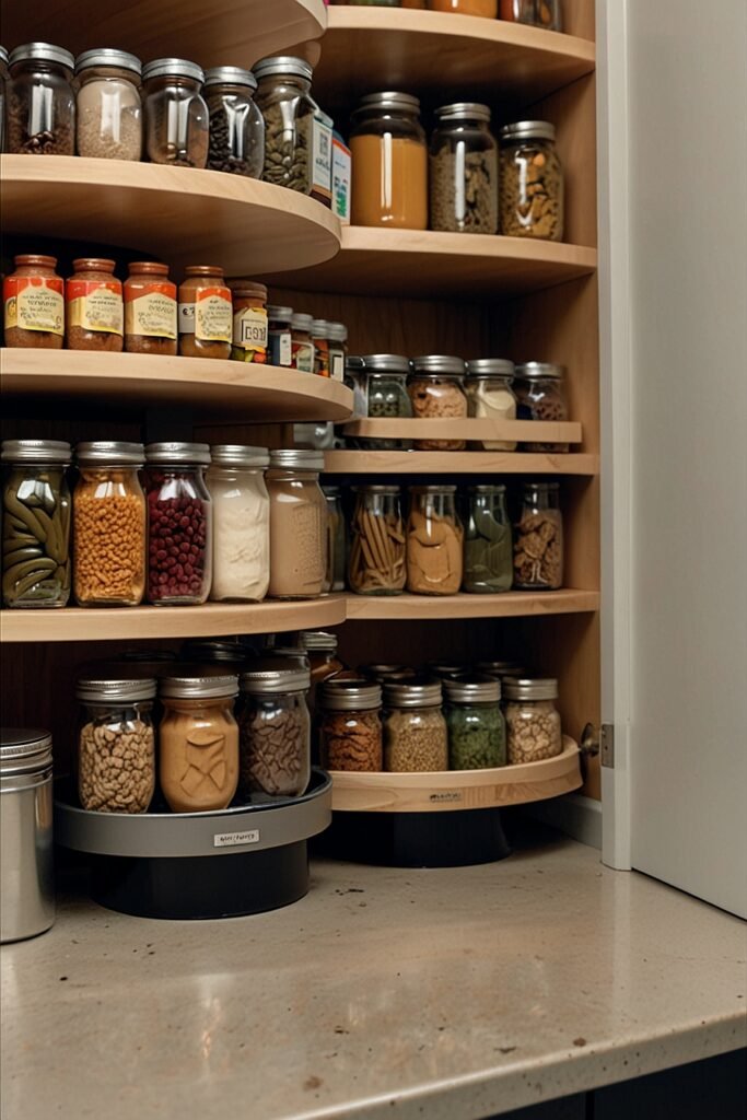 Lazy Susan turntable organizing spices and jars in a pantry.