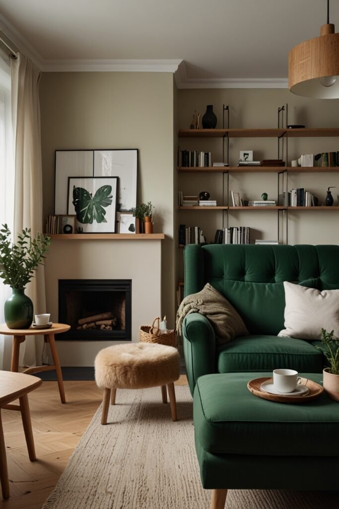 Living room with forest green accents and cream walls, creating a nature-inspired Scandinavian ambiance.