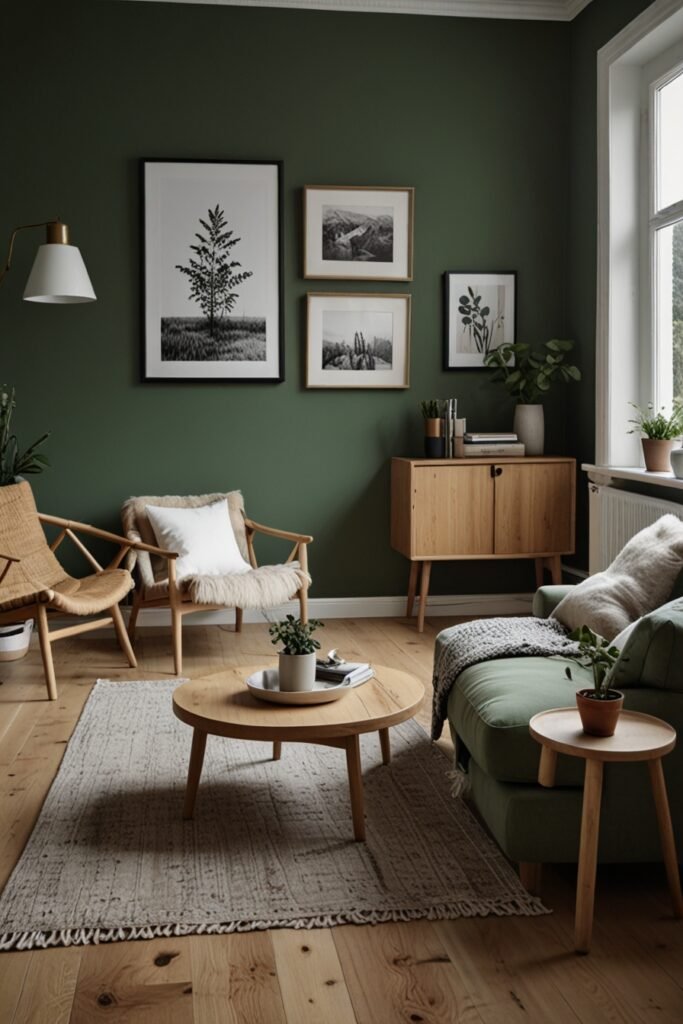 Living room with muted green walls, white accents, and natural wood furniture in Scandinavian style.