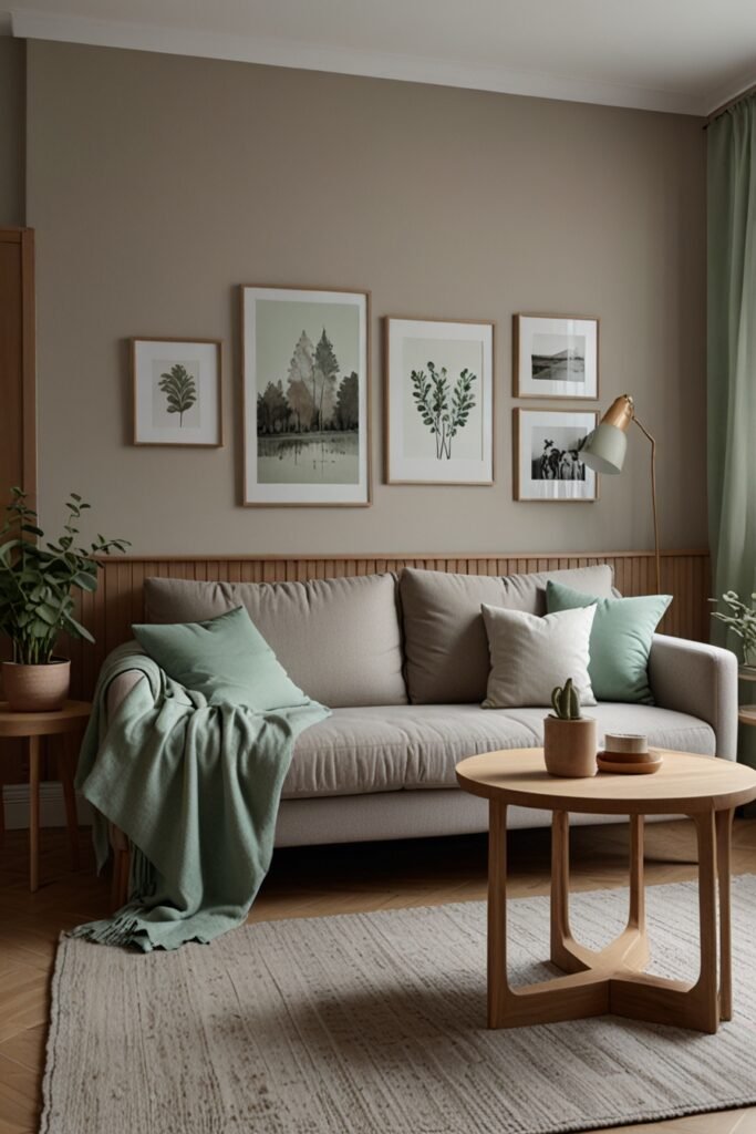 soft taupe walls and mint green accents, creating a fresh and inviting Scandinavian atmosphere.