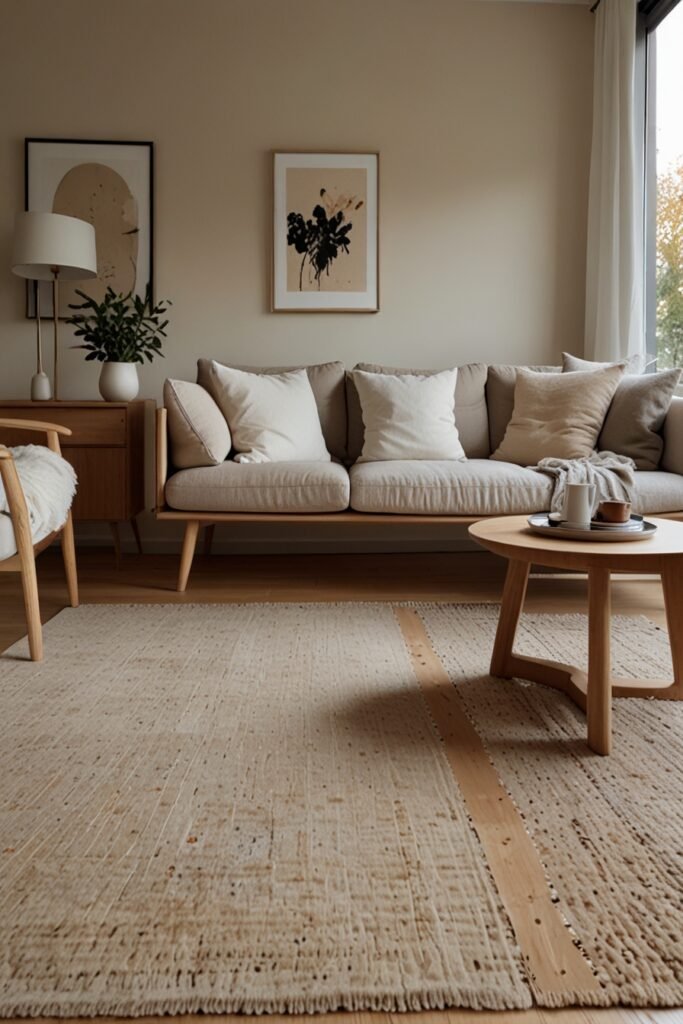 Living room with soft beige walls, light wood furniture, and cozy wool rugs in Scandinavian style.