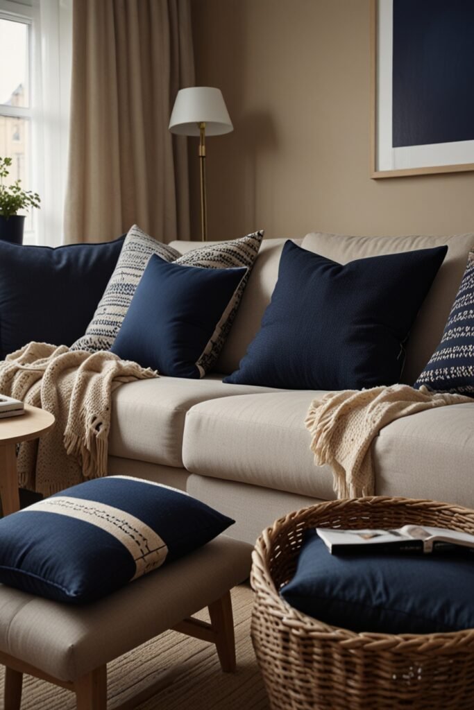 Living room with beige walls and navy blue accents, offering an elegant and timeless Scandinavian style.