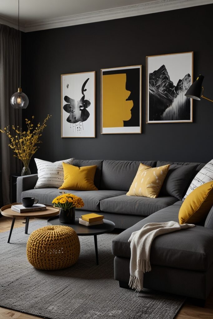 Living room with charcoal gray and mustard yellow accents in a Scandinavian style.