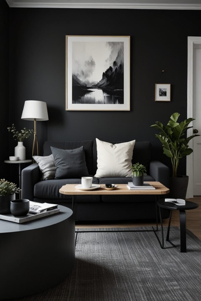 Living room with dark charcoal walls and white accents, featuring minimalist Scandinavian furniture.