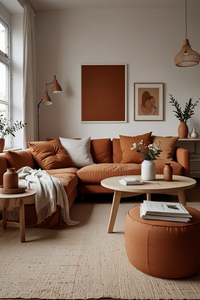 Living room with earthy terracotta and ochre accents, white walls, and natural wooden furniture in a Scandinavian style.